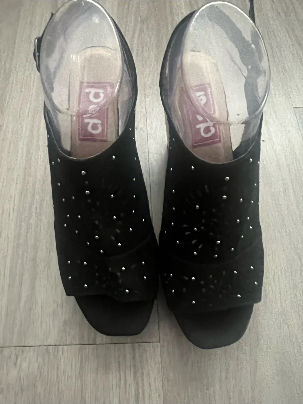 POP Edi Persons Black Studded Cork Wedge Sandals Peep Toe Slingback Size 8.5